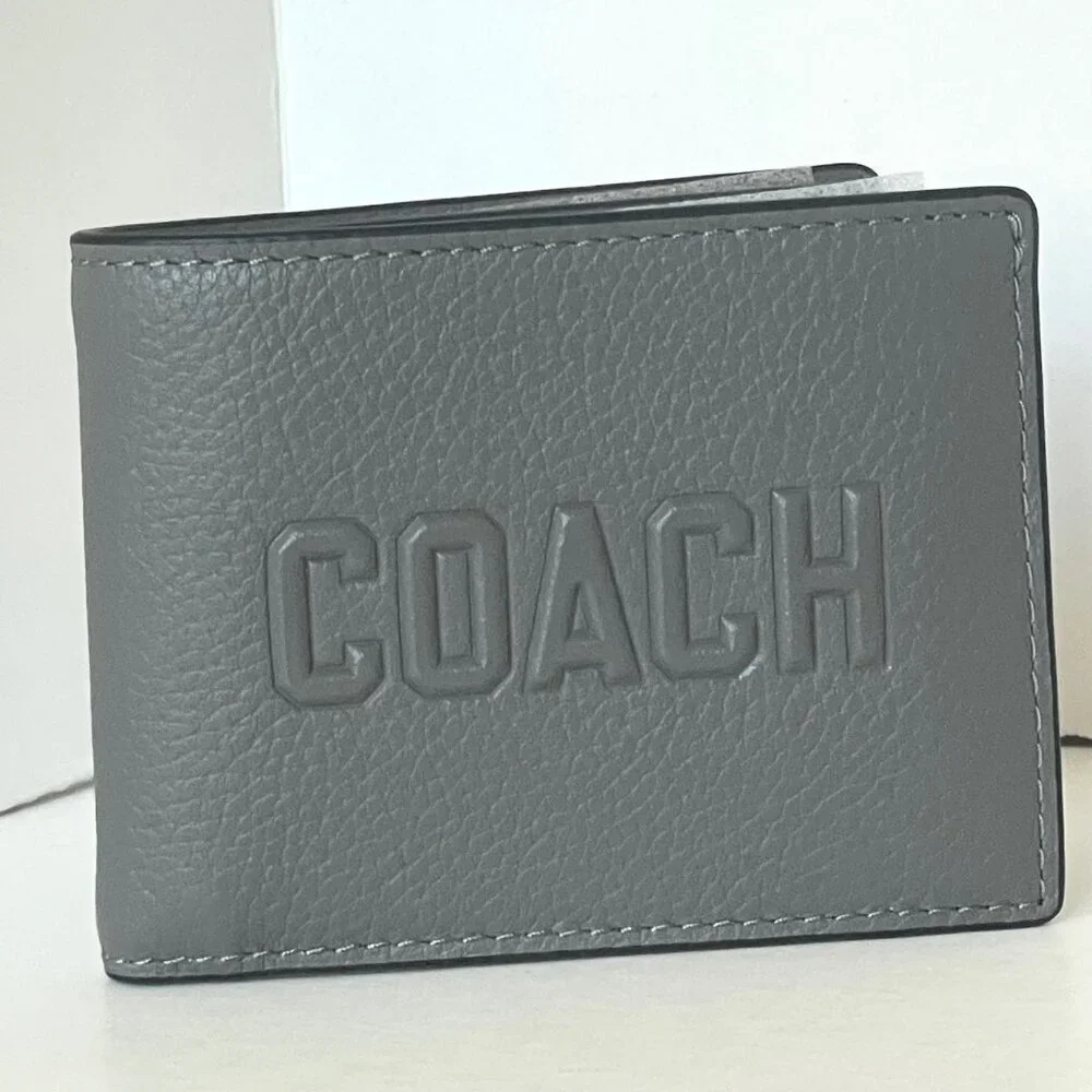 Coach Slim Billfold Wallet Charcoal Gray Graphic Pebbled Leather Mens CZ062